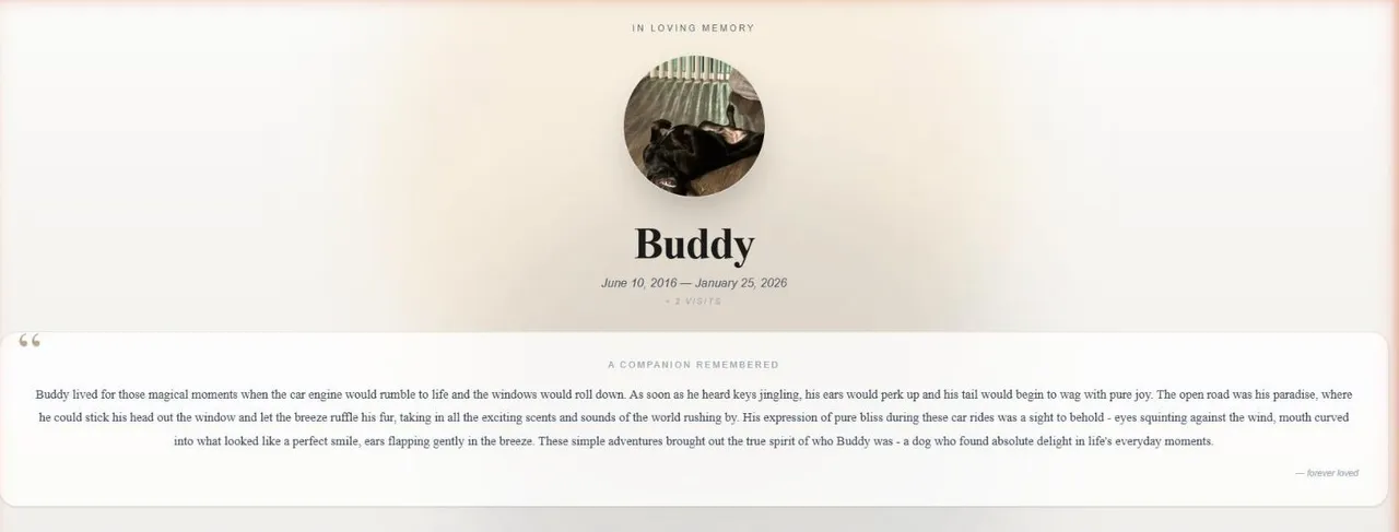 Example pet memorial page for Buddy, showing photos, life story and guestbook
